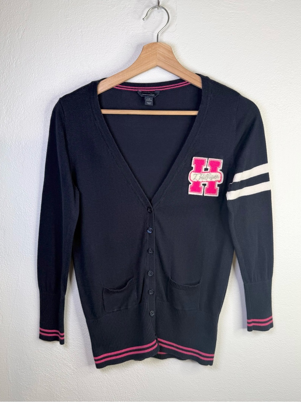 Tommy Hilfiger Girls Navy Button Down Varsity Cardigan H Patch Size Large 12/14